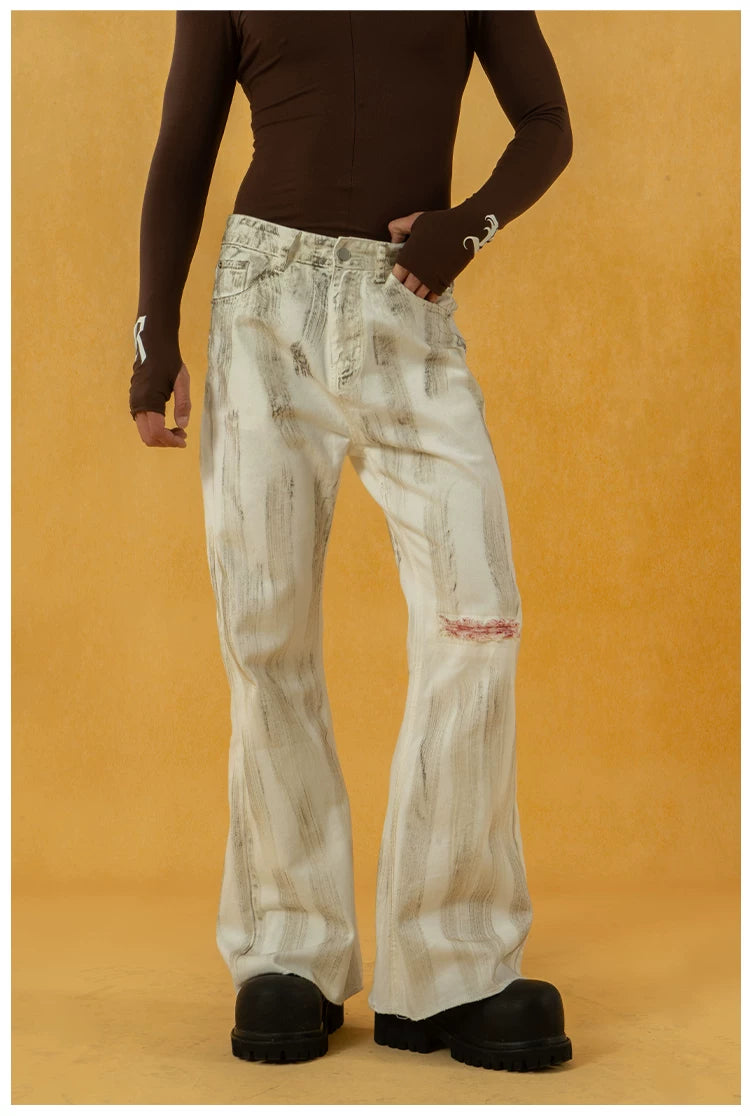 Men's Vintage White Sickle-Print Flare Jeans