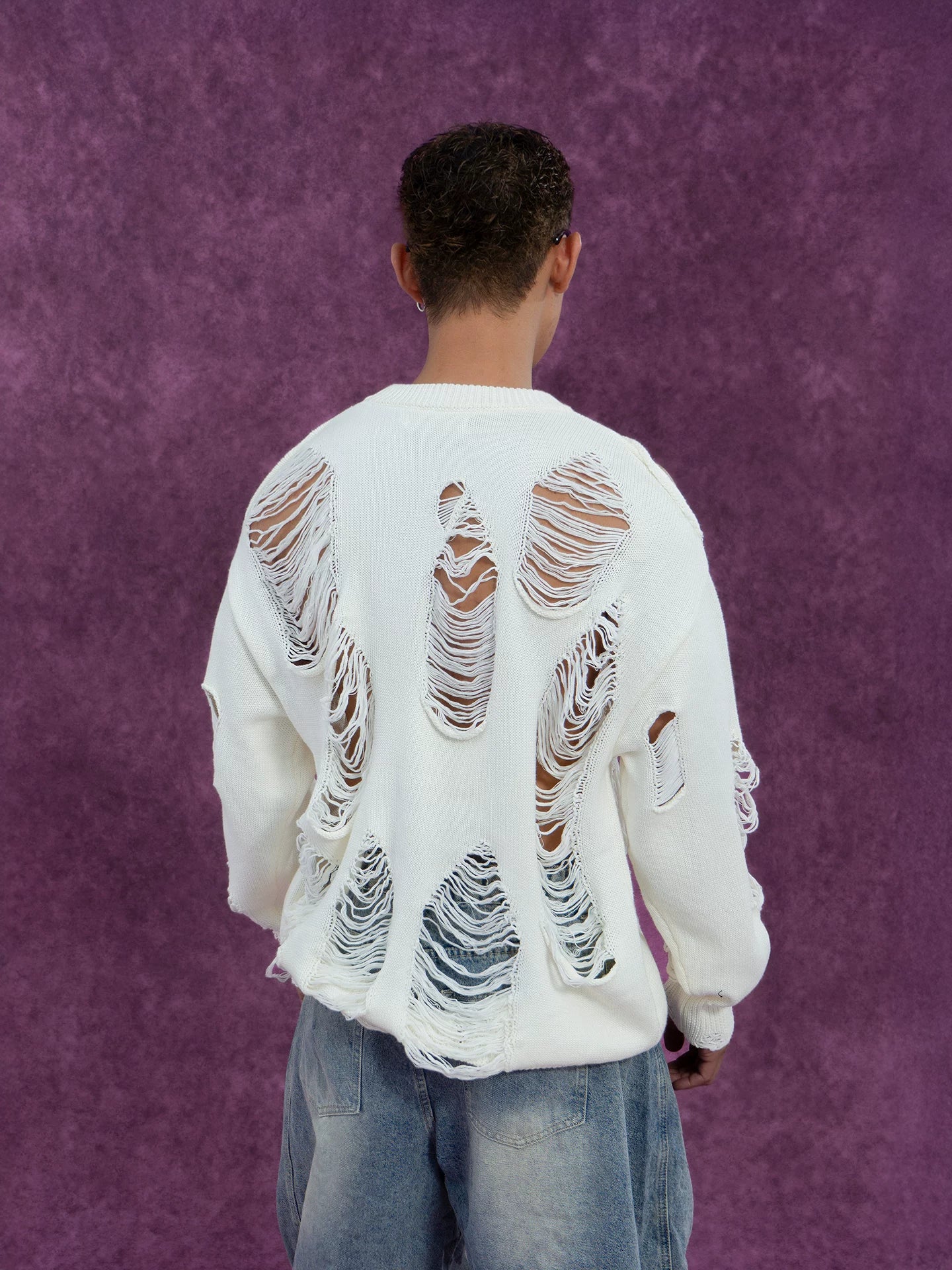 Black White Ripped Cutout Knit Sweater