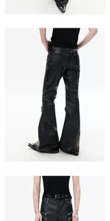 Black Zipped Coated Flared Leather Pants