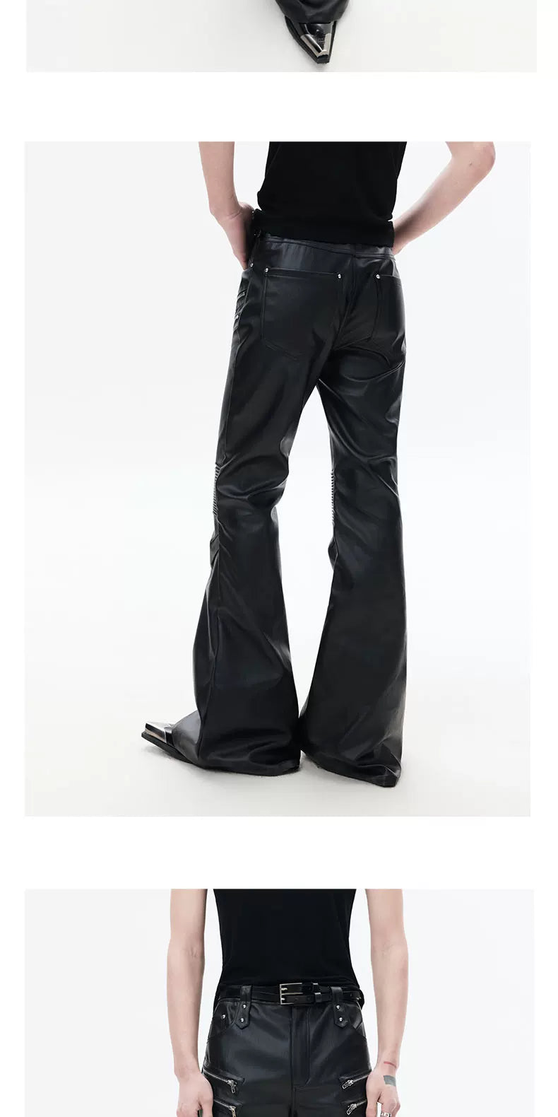 Black Zipped Coated Flared Leather Pants