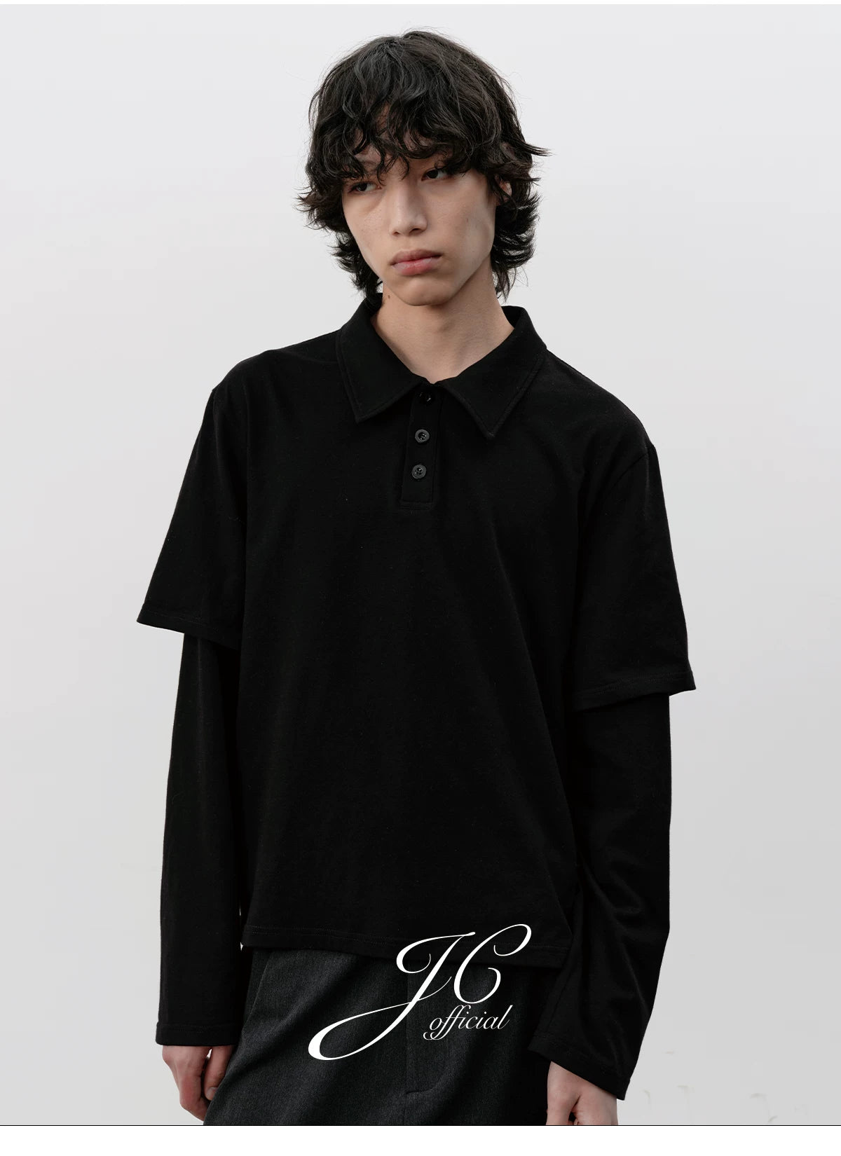 Black Boxy Fit Fake Two-Piece Polo