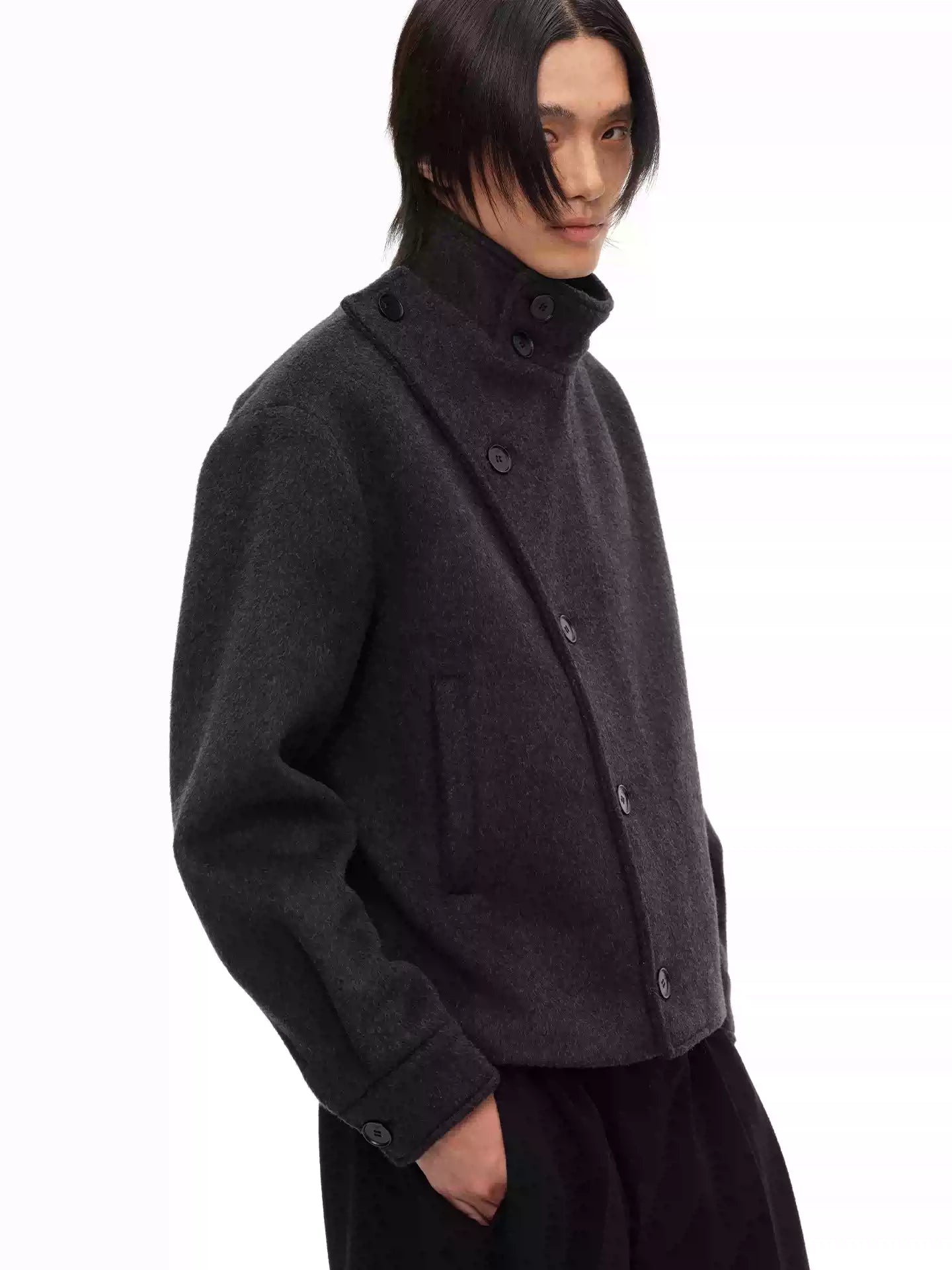 Collared Buttoned Adjustable Waist Wool Jacket