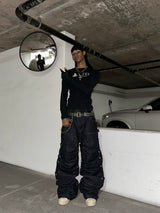 Studded Pleated Raw Lumberjack Denim Jeans