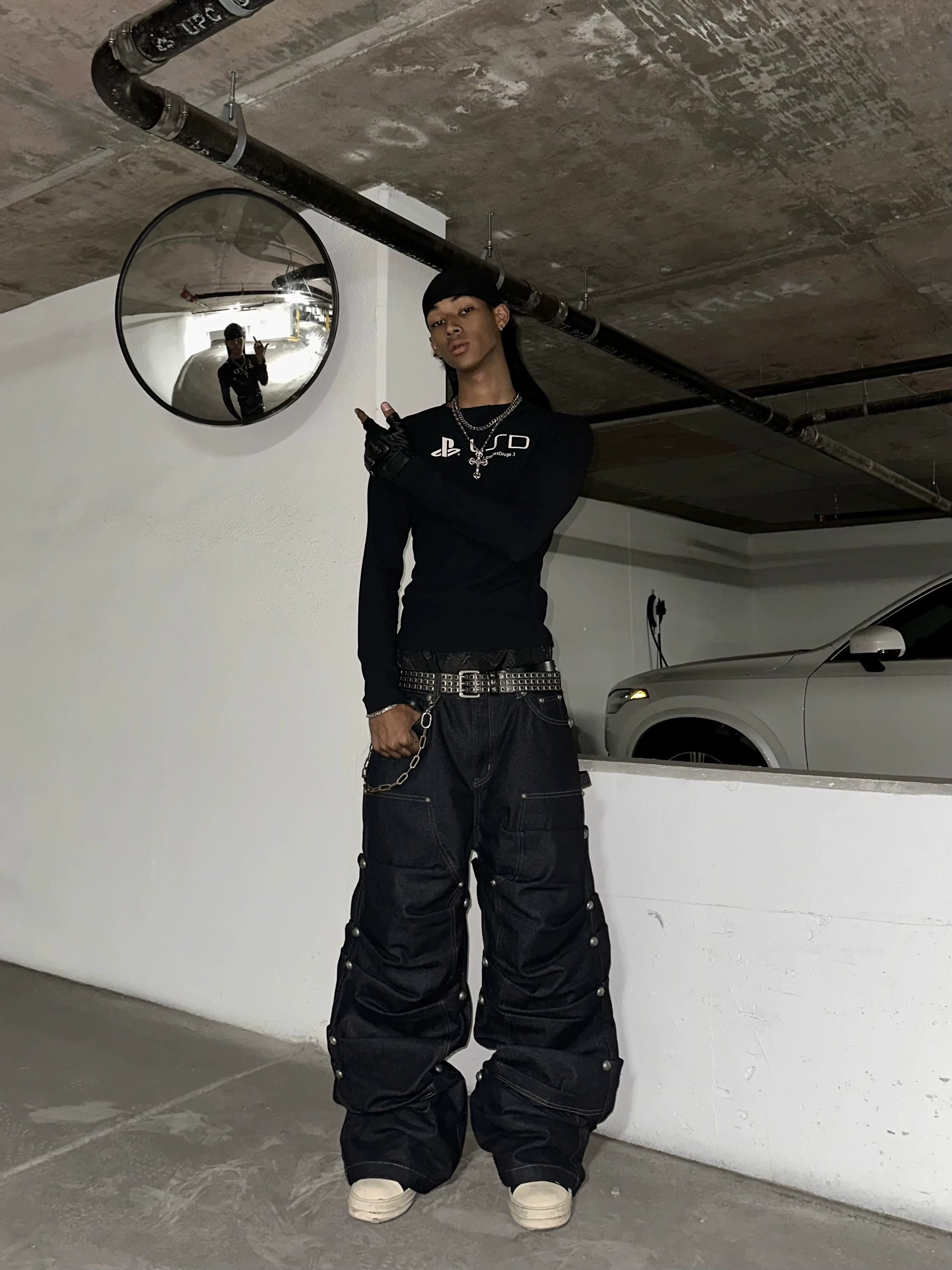 Studded Pleated Raw Lumberjack Denim Jeans