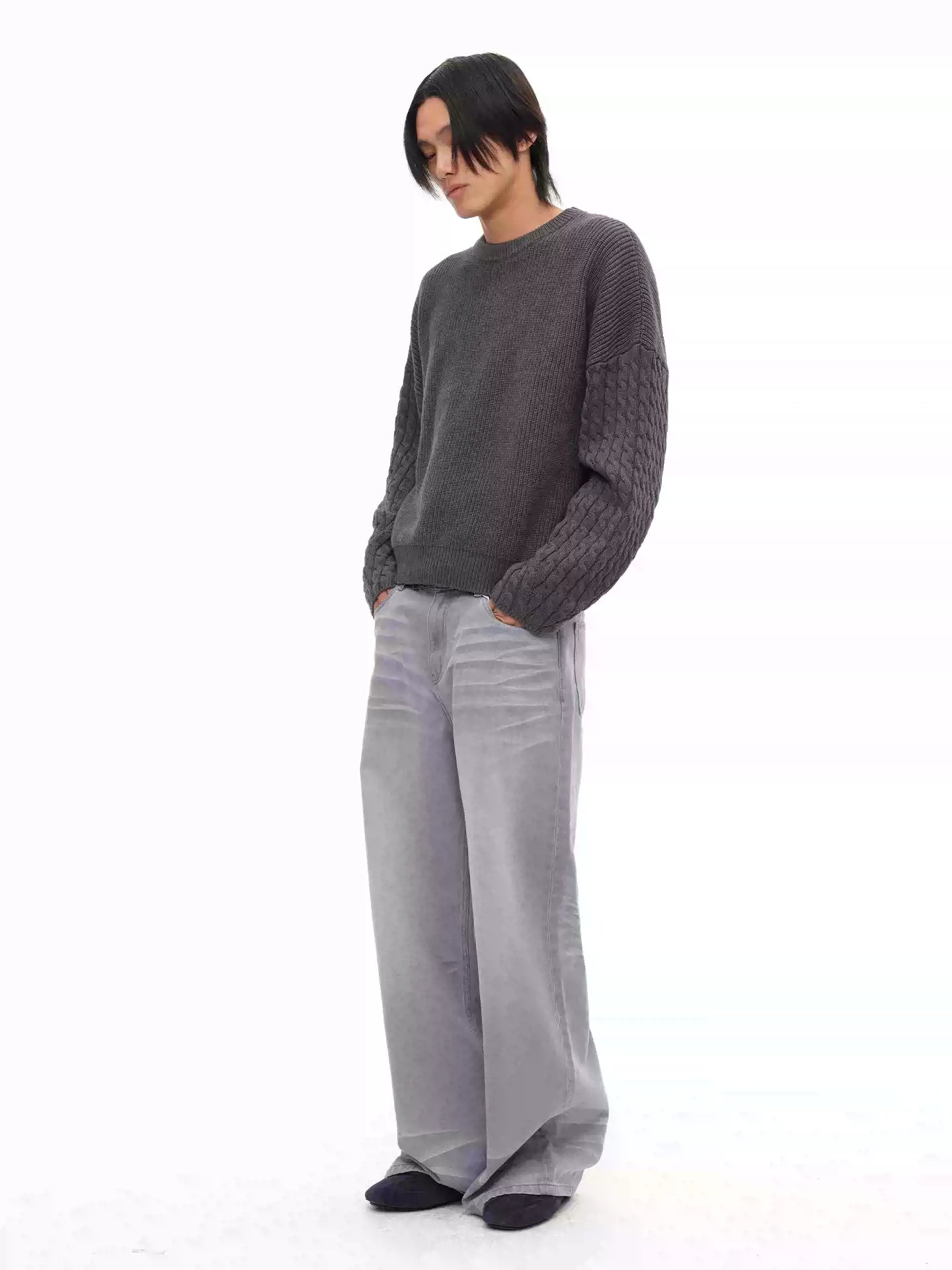 Cable Knit Cotton Drop Shoulder Sweater