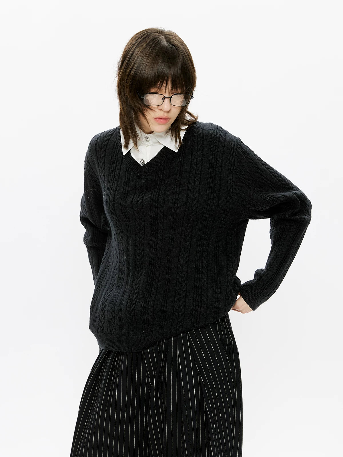 Men's Mock Shirt Collar Cable Sweater