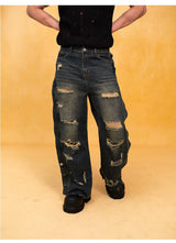 Men's Dark Distressed Slit Wide Jeans