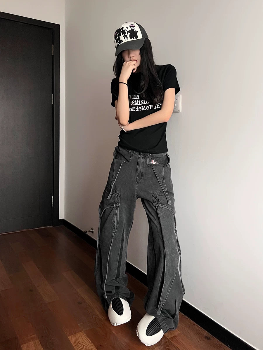 Vintage Deconstructed Washed Wide Leg Jeans