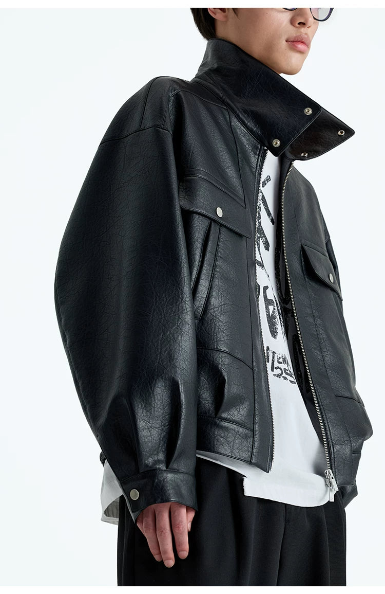 Vintage Faux Leather Multi-Pocket Cropped Jacket