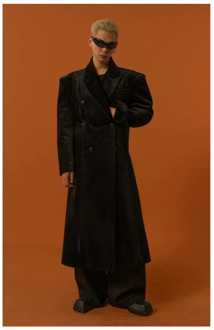 Men's Long Black Velvet Wool Coat