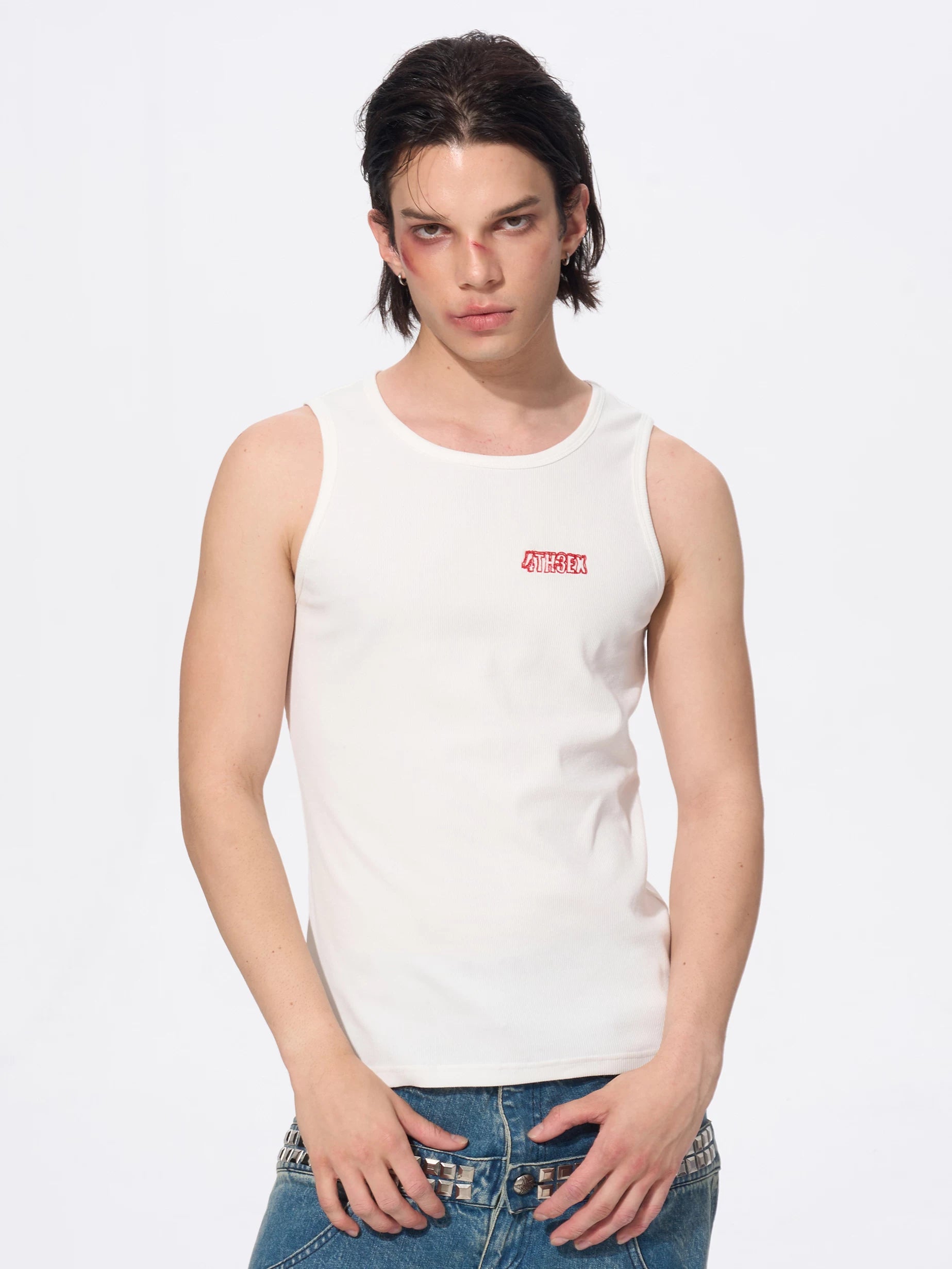 White Cotton Letter Print Sleeveless Tank Top