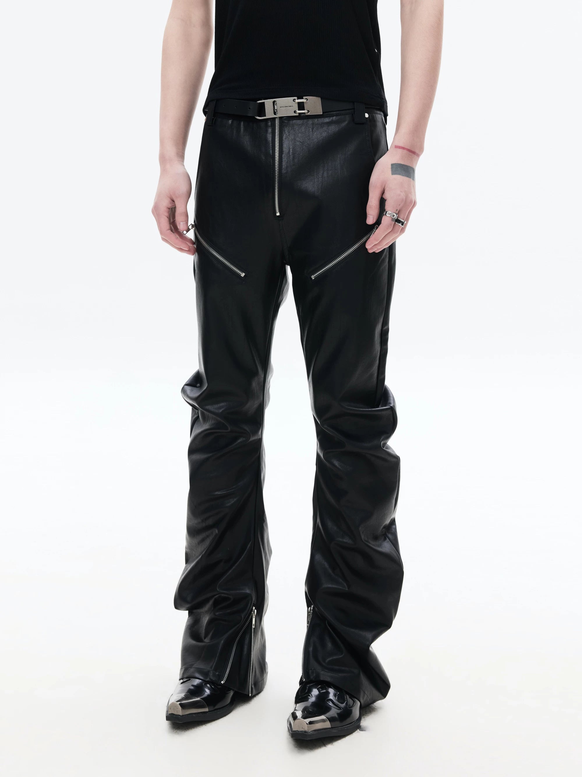 Slim Curved Leather Pants with Zippers