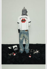 White Cropped Lip Print Ribbed Tee
