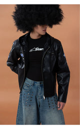 Men's Black Badged Hooded PU Jacket