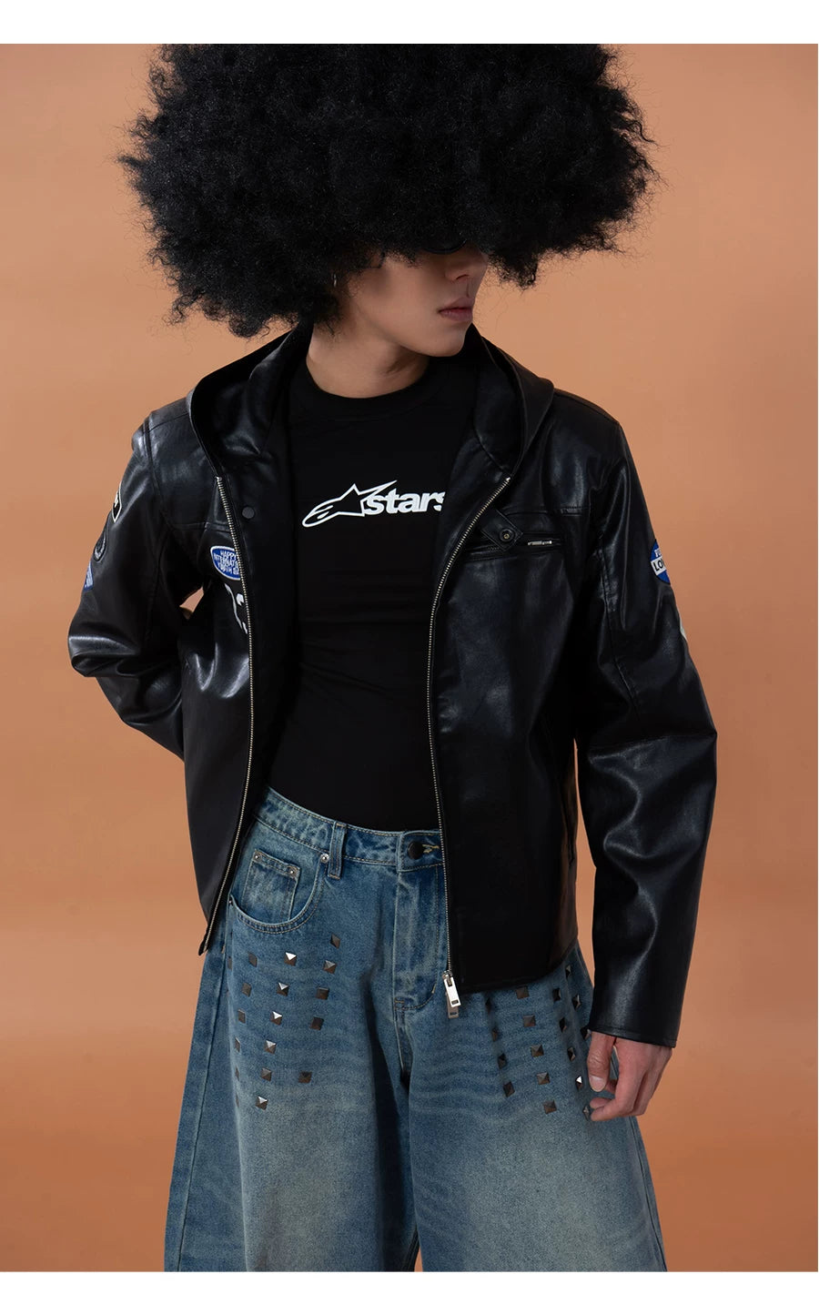 Men's Black Badged Hooded PU Jacket