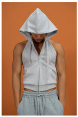 Sage Green Backless Hooded Zip Vest