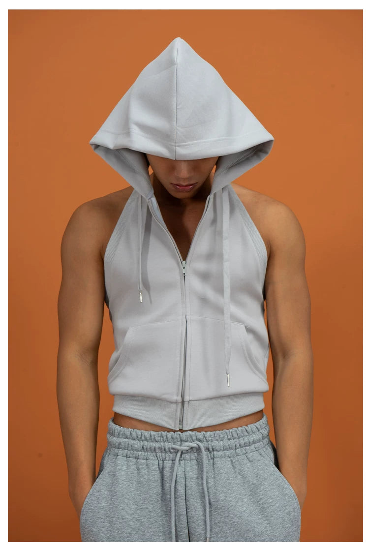 Sage Green Backless Hooded Zip Vest