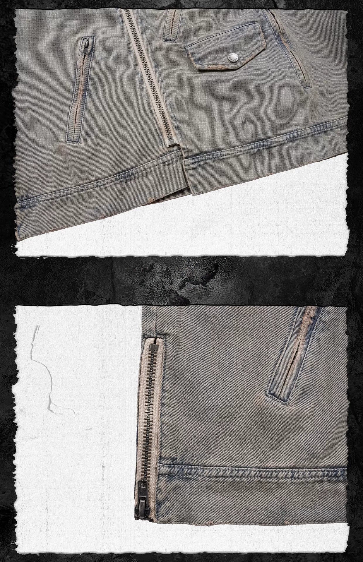 Vintage Sand Zip Denim Biker Jacket