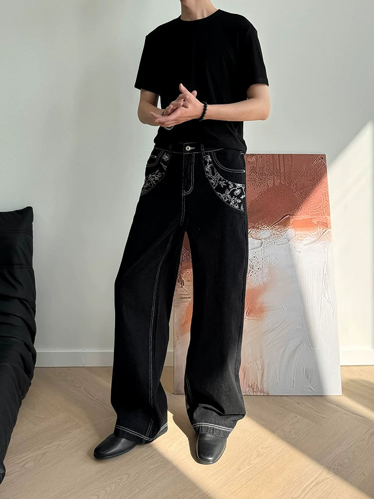 Heavyweight Floral Embroidered A-Line Denim Jeans