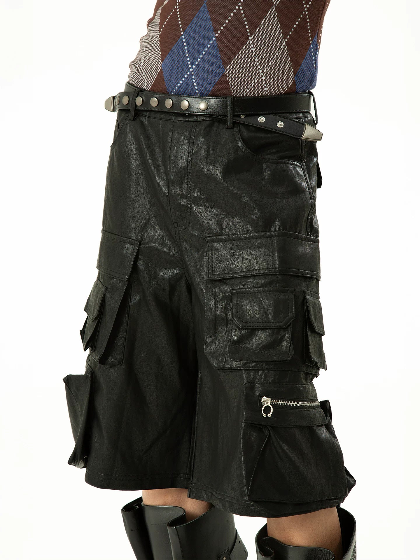 Men's Black Red PU Cargo Shorts