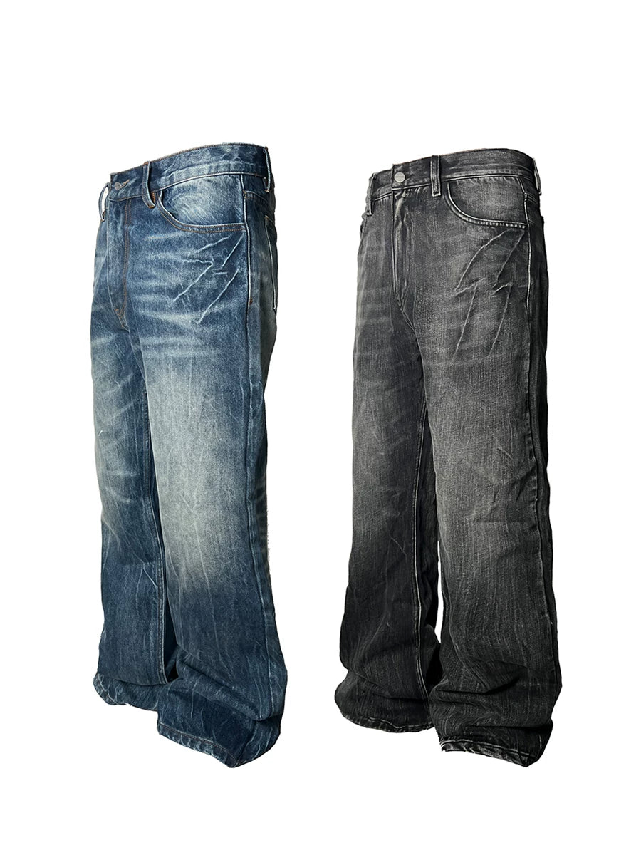 Heavy Wash Lightning Crack Flare Jeans