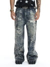 Ripped Spider Embroidered Straight Jeans