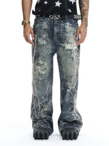 Ripped Spider Embroidered Straight Jeans