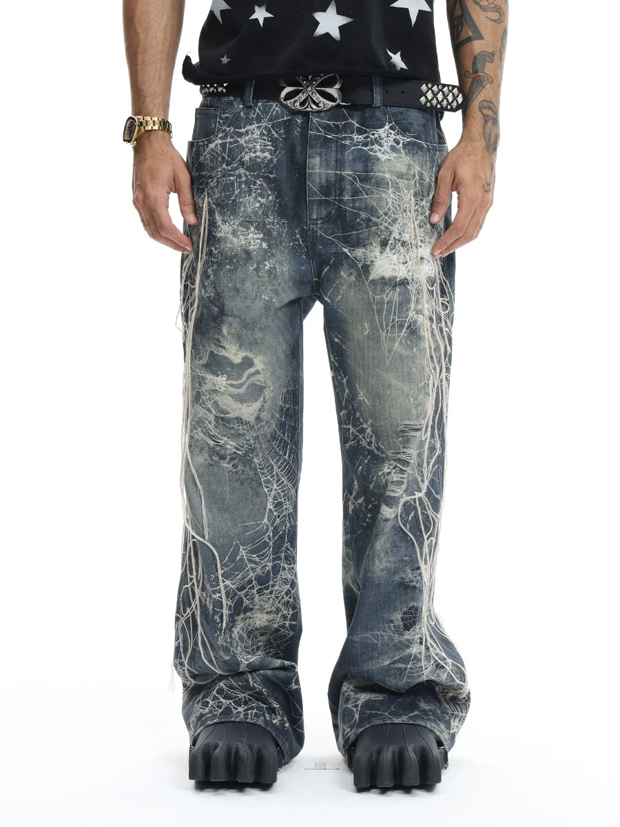Ripped Spider Embroidered Straight Jeans
