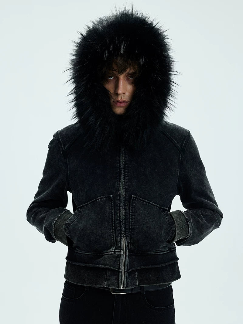 Washed Detachable Fur Zip Hoodie