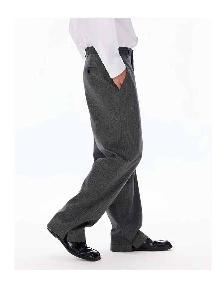 Grey Pinstripe Wool Blend Trousers