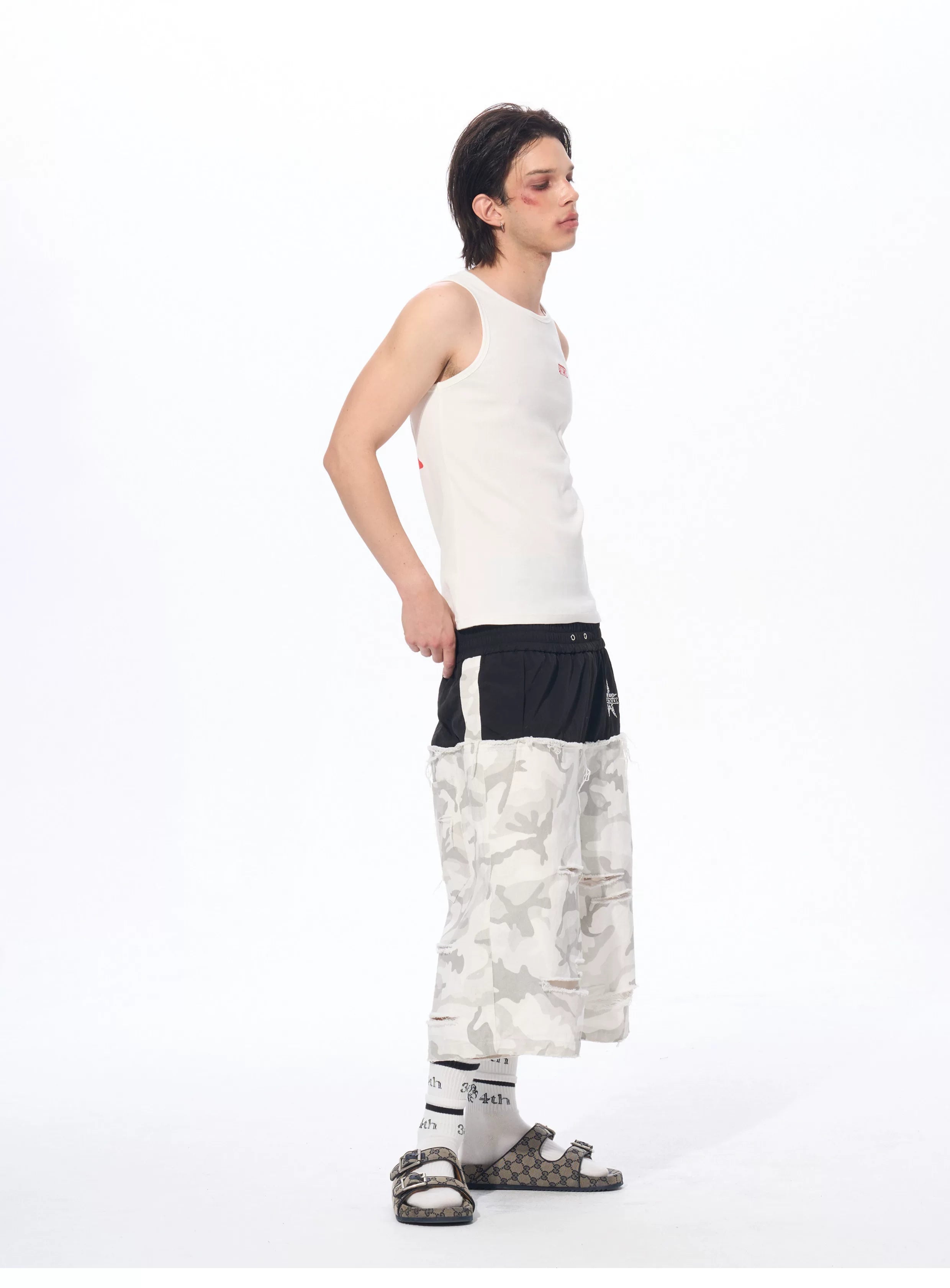 Men's Patchwork Ripped White Camo Pants