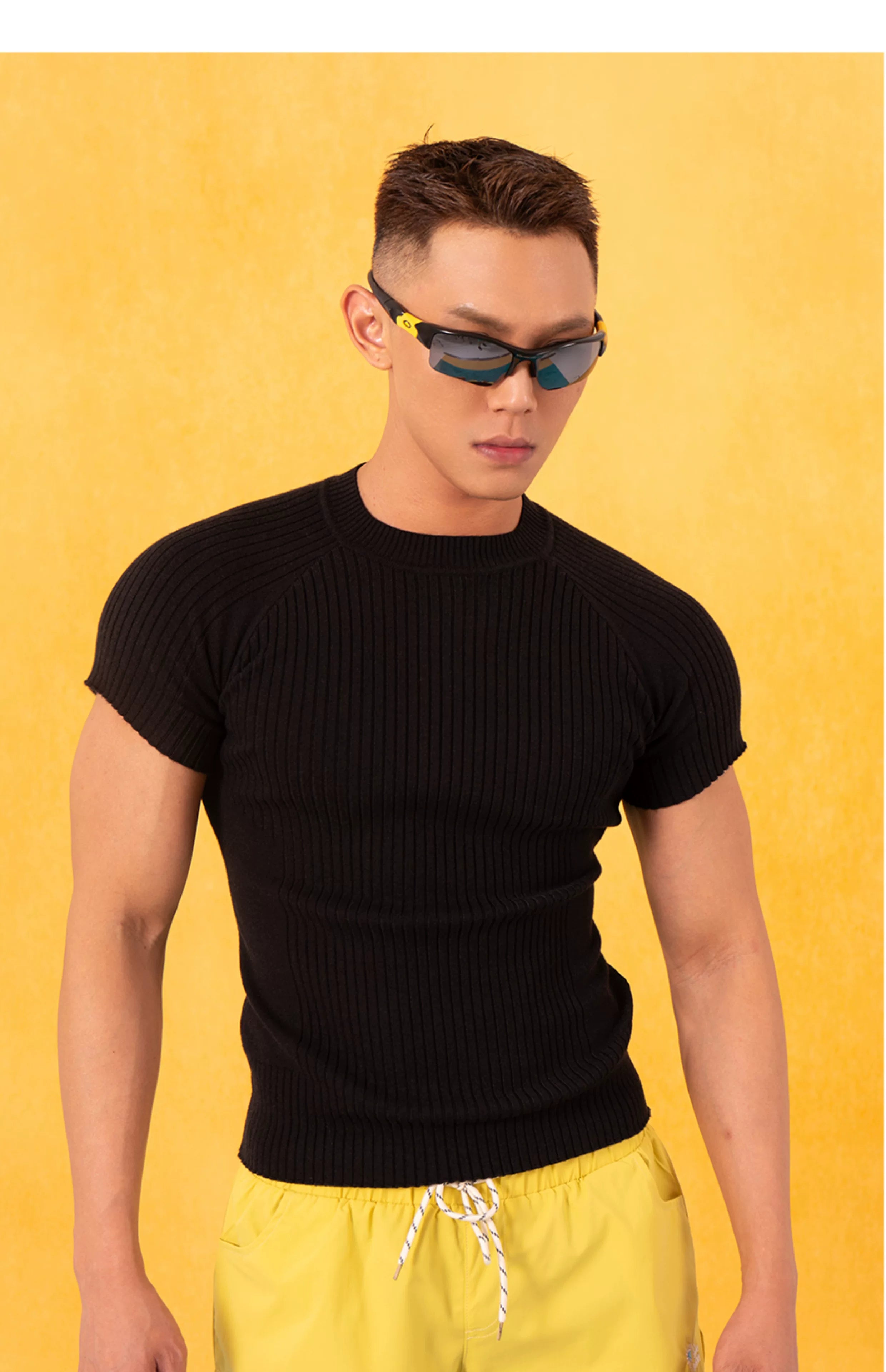 Men's Black Striped Knit Raglan Tee
