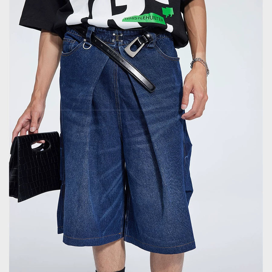 Special Waistband Tailored Washed Denim Shorts