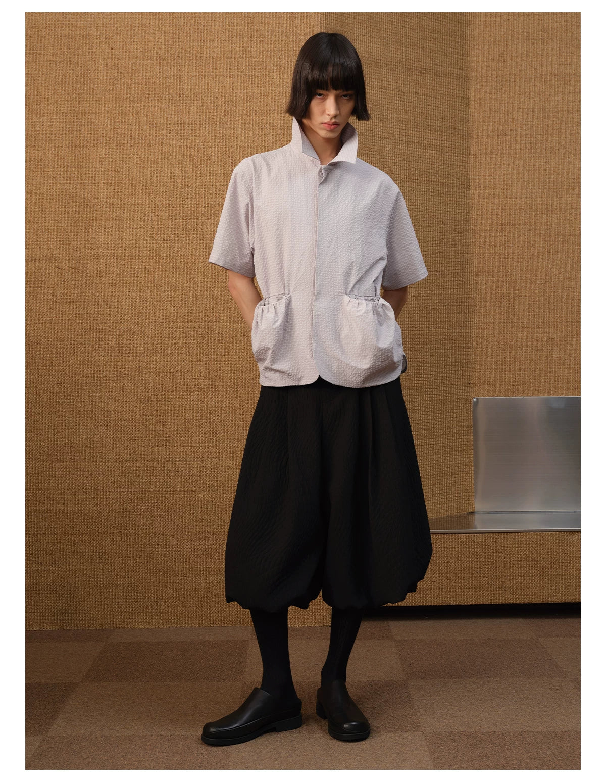 Black Pleated Leaf Jacquard Cropped Skort