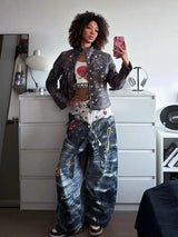 Double Waistband 3D Printed Baggy Jeans
