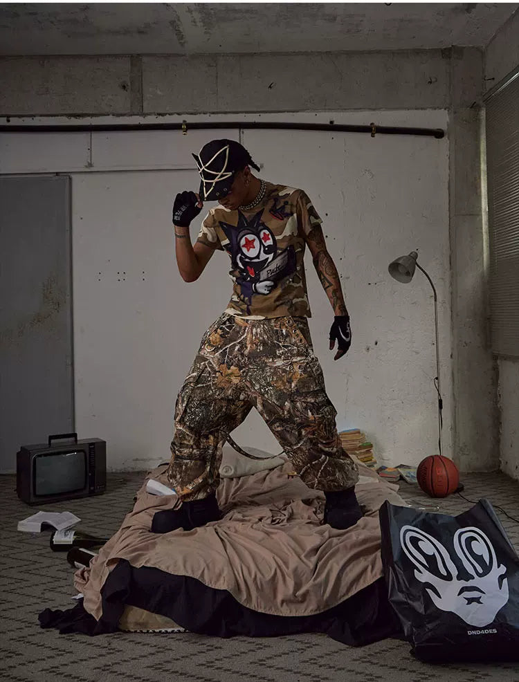 Detachable Bow Wide Leg Camo Pants