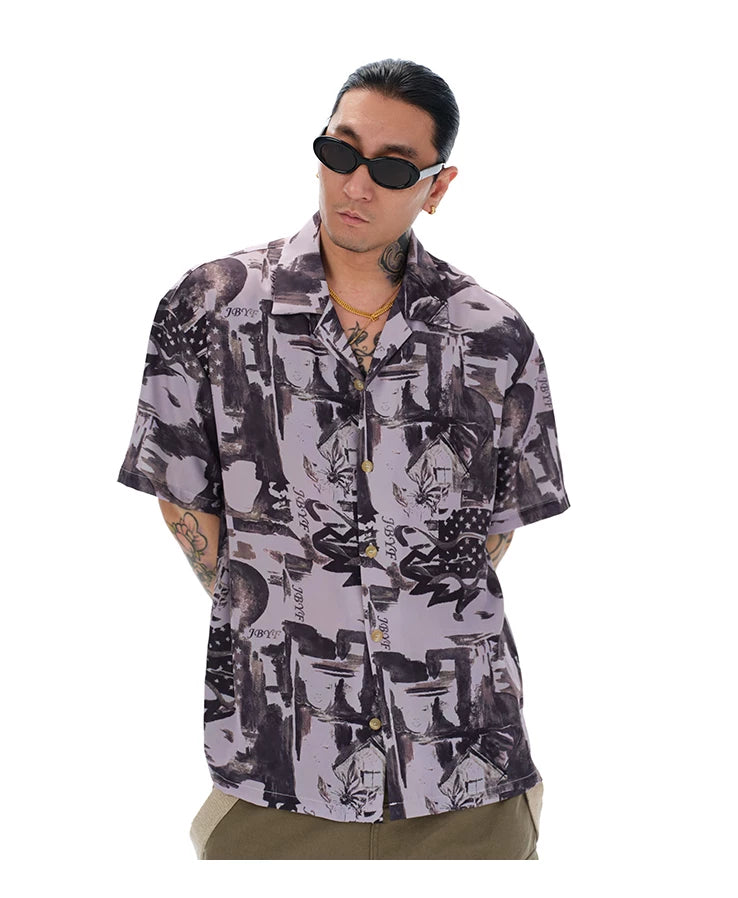 Lavender Graffiti Cuban Collar Hawaiian Shirt