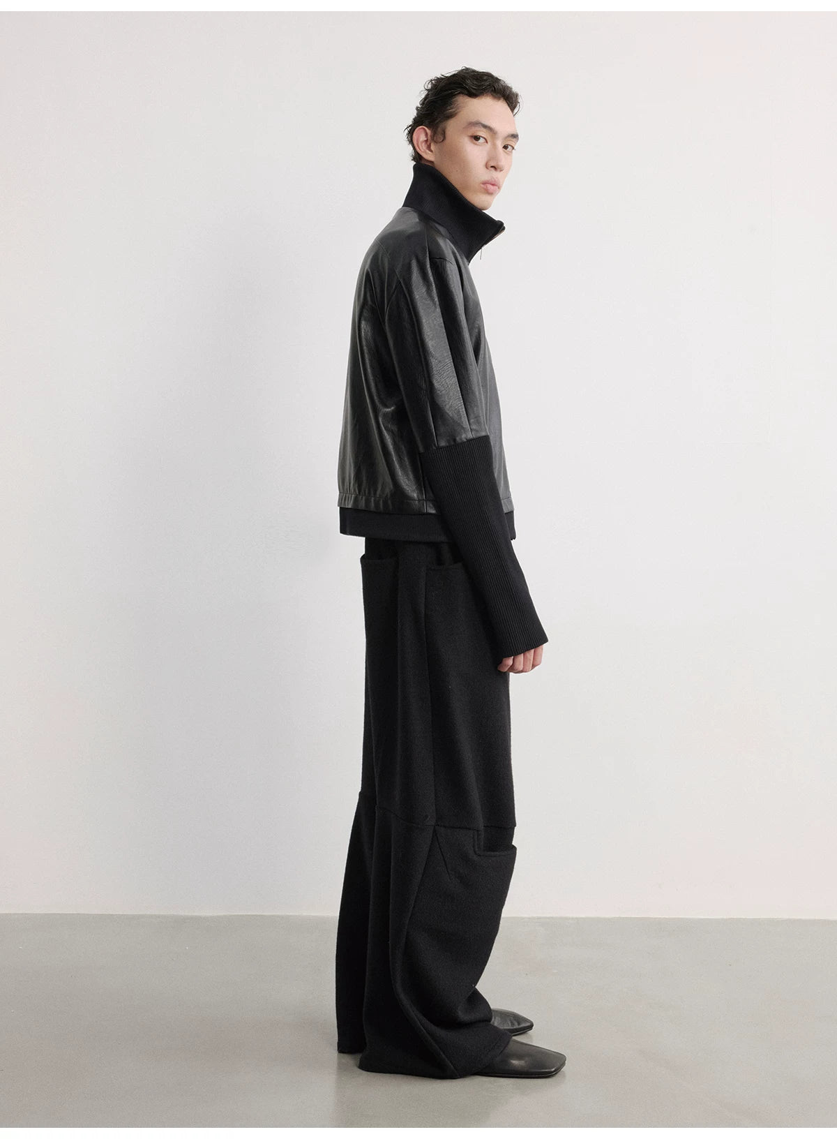 Black Ribbed Cuff Faux Leather Jacket