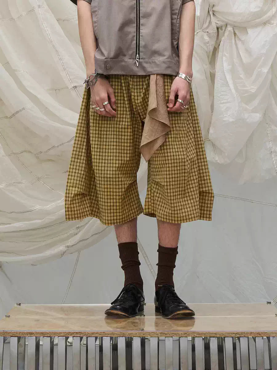 Detachable Plaid Pleated Cropped Pants