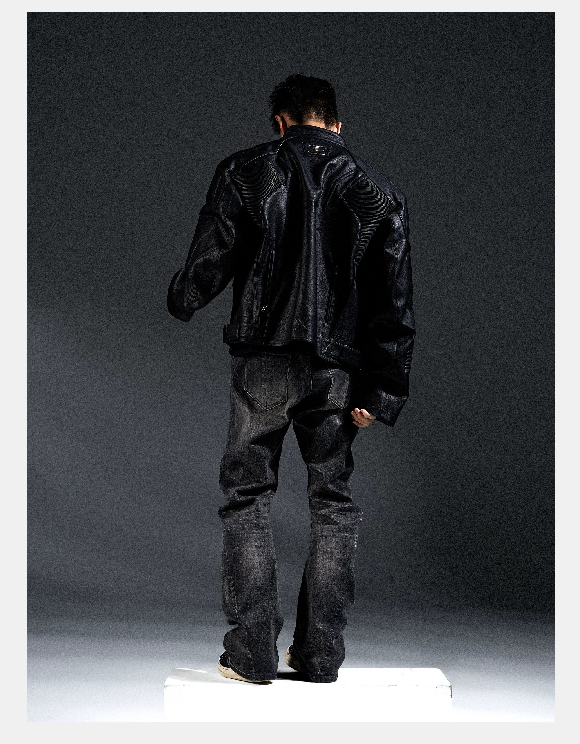 Dark Zip-Up Padded Biker Leather Jacket