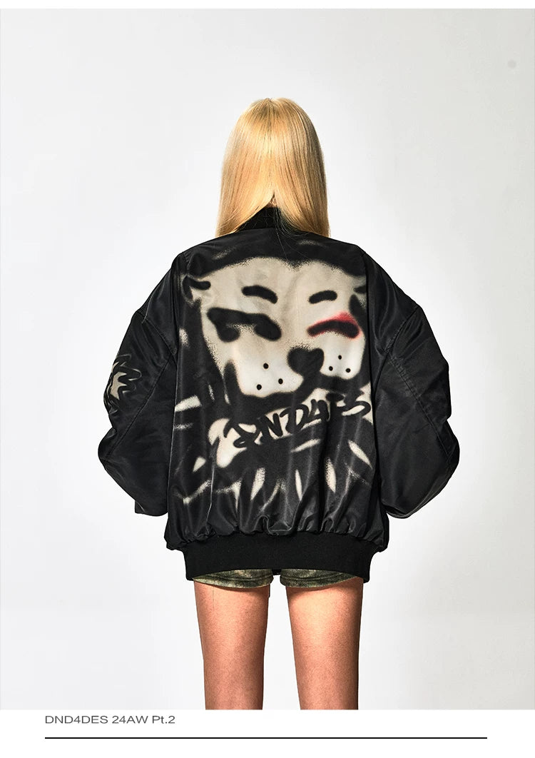 Graffiti Dog Head Print Bomber Jacket