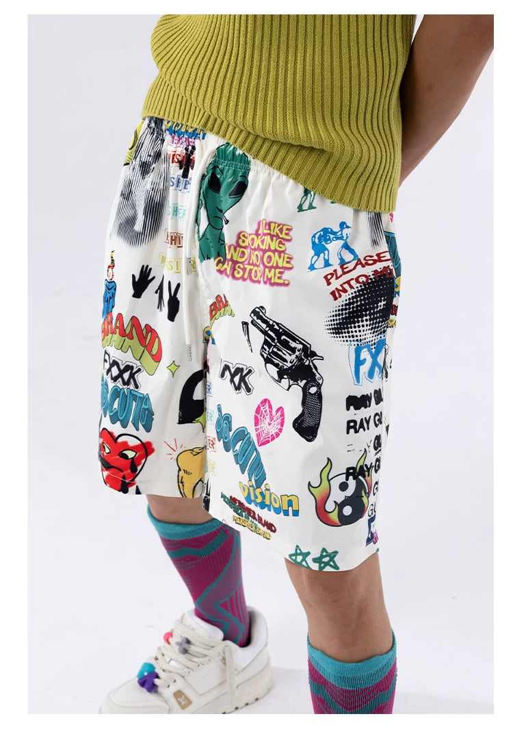 Men's Loose Drawstring Graffiti Beach Shorts