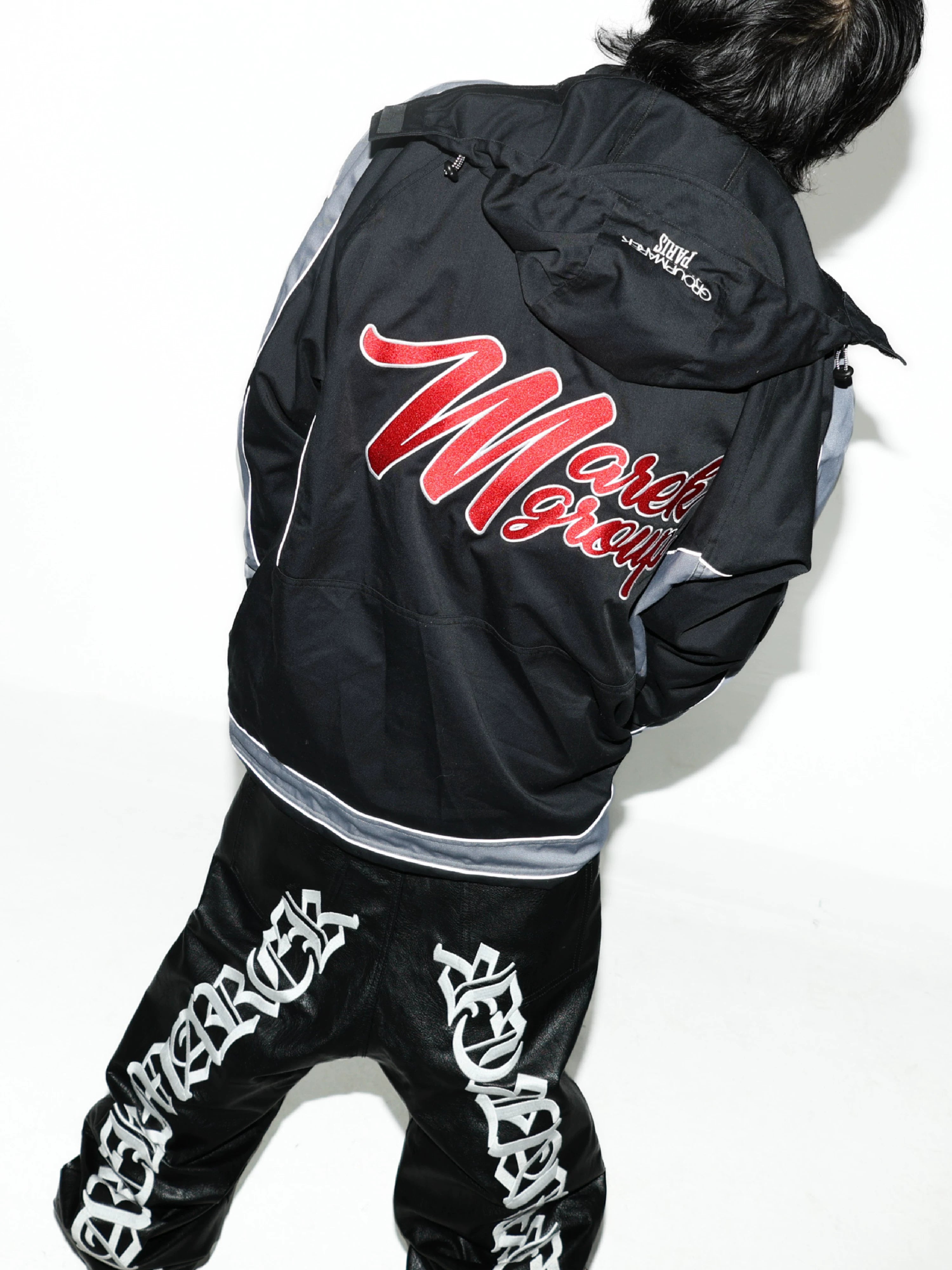 Black Patchwork Embroidered Mid-length Parka
