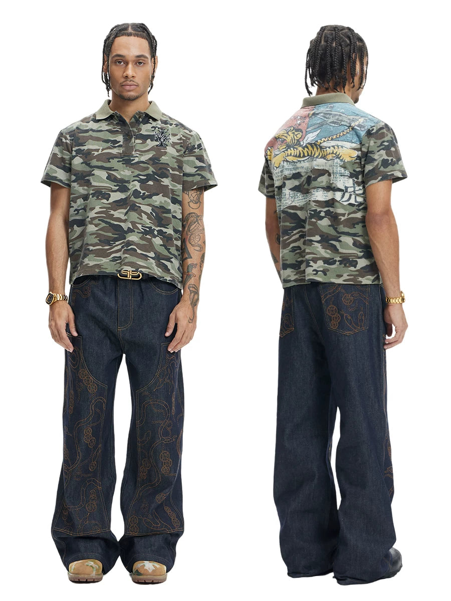 High-Density Embroidery Flared Raw Denim Jeans