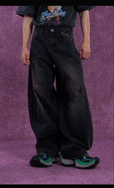 Men's Faded Black Curved Wide Jeans