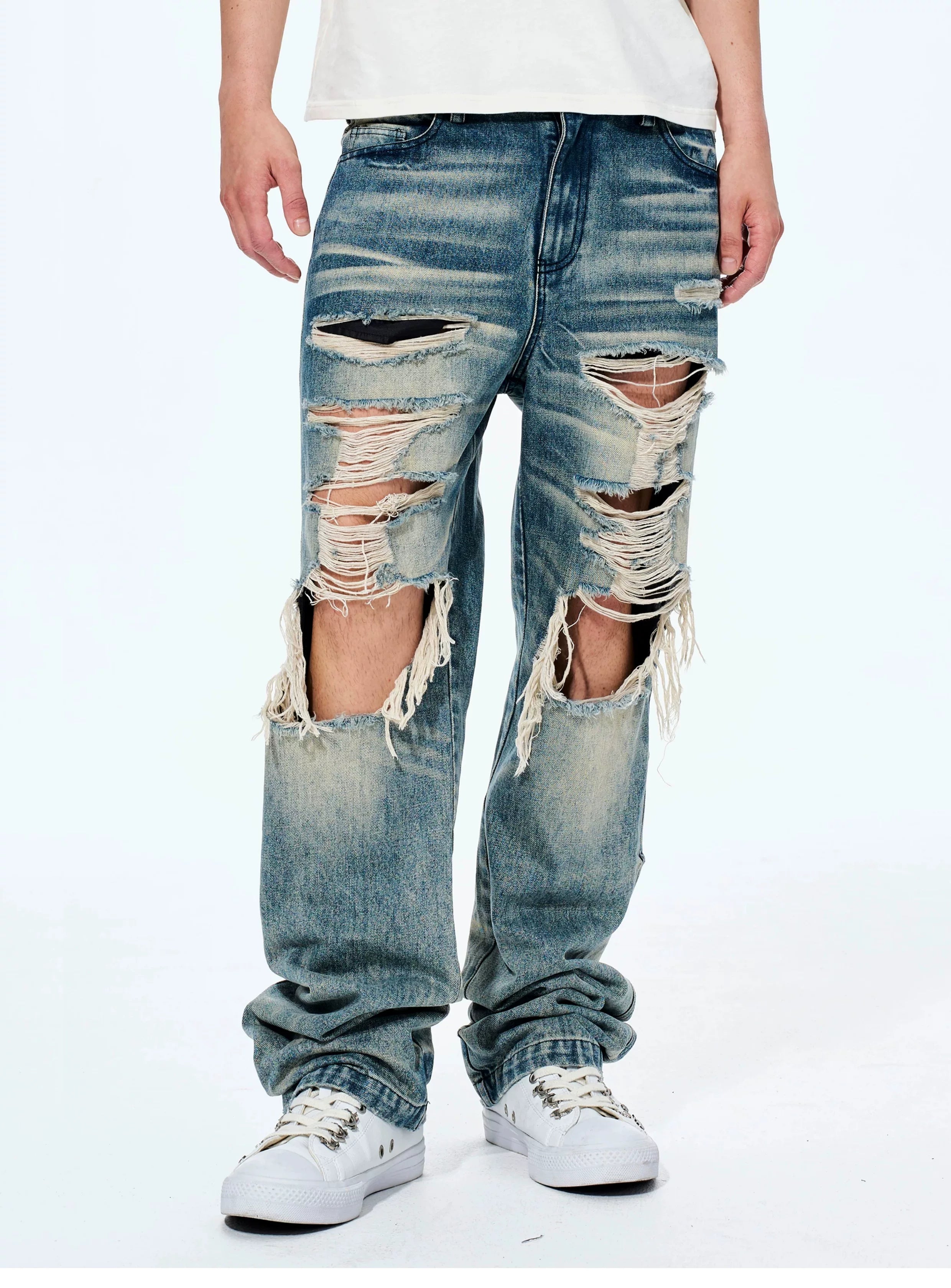 Men's Distressed Washed Straight Leg Jeans