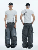 Distressed Striped Patchwork Baggy Work Pants