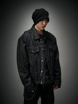 Dark Distressed Patchwork Relaxed Denim Jacket