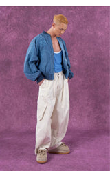 Men's Beige Loose Curved Cargo Pants