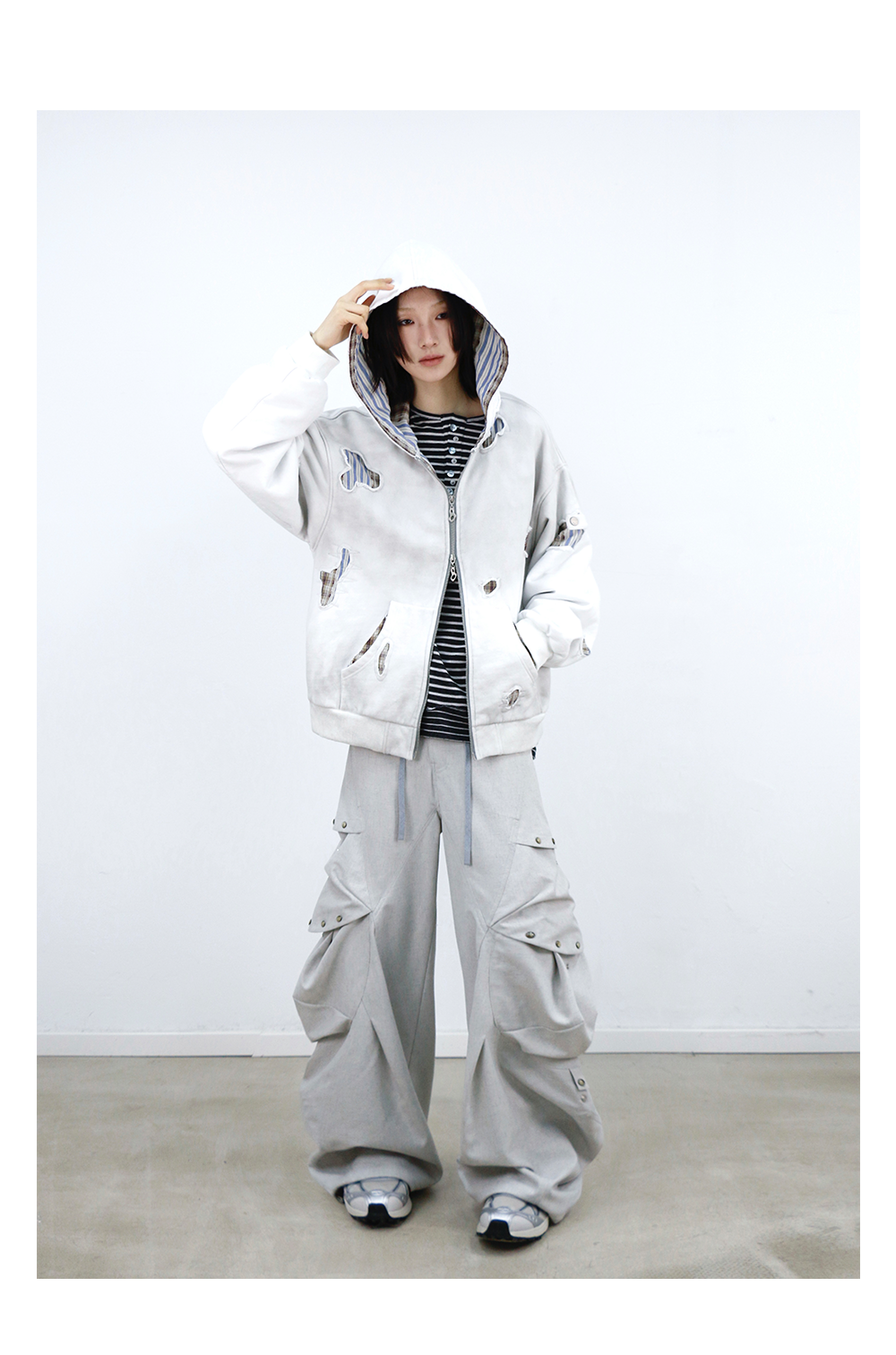 Stripe Patchwork Washed Zip Hoodie